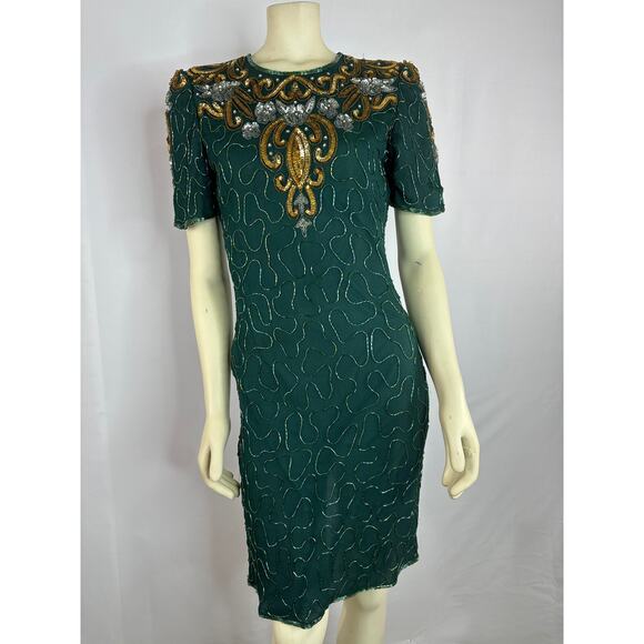 Vintage 90s Silk Cocktail Dress Fully Beaded Sequins Green size small petite - Picture 2 of 12